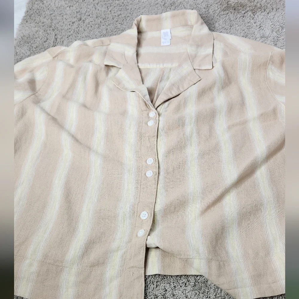 Women's Striped Linen Blend Button-Up Pajama Top - Stars Above Tan XS - Picture 6 of 11
